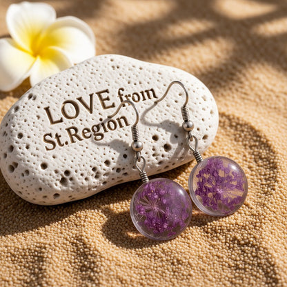 Purple Gypsophila and Silver-Plated Drop Earrings, silver drop earrings for women, botanical inspired, lifestyle look