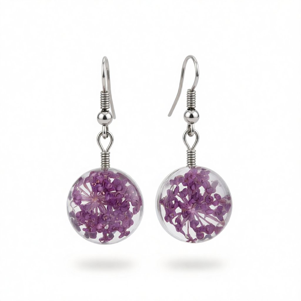 Purple Gypsophila and Silver-Plated Drop Earrings, silver drop earrings for women, botanical inspired, side view