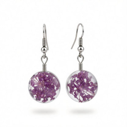 Purple Gypsophila and Silver-Plated Drop Earrings, silver drop earrings for women, botanical inspired, side view