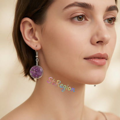 Purple Gypsophila and Silver-Plated Drop Earrings, silver drop earrings for women, botanical inspired, styled look