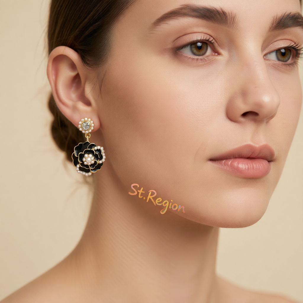 Pearl & Black Enamel 18K Gold-Plated Camellia Drop Earrings