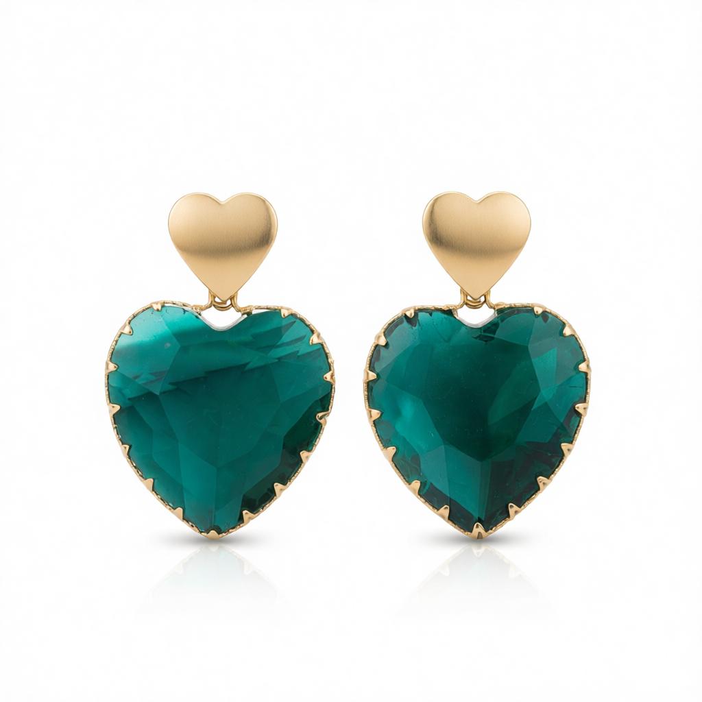 Green Crystal and 18K Gold-Plated Heart Drop Earrings, gold drop earrings for women, everyday style, side view