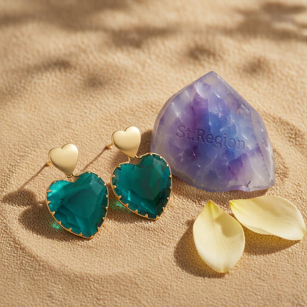 Green Crystal and 18K Gold-Plated Heart Drop Earrings, gold drop earrings for women, everyday style, detail close-up