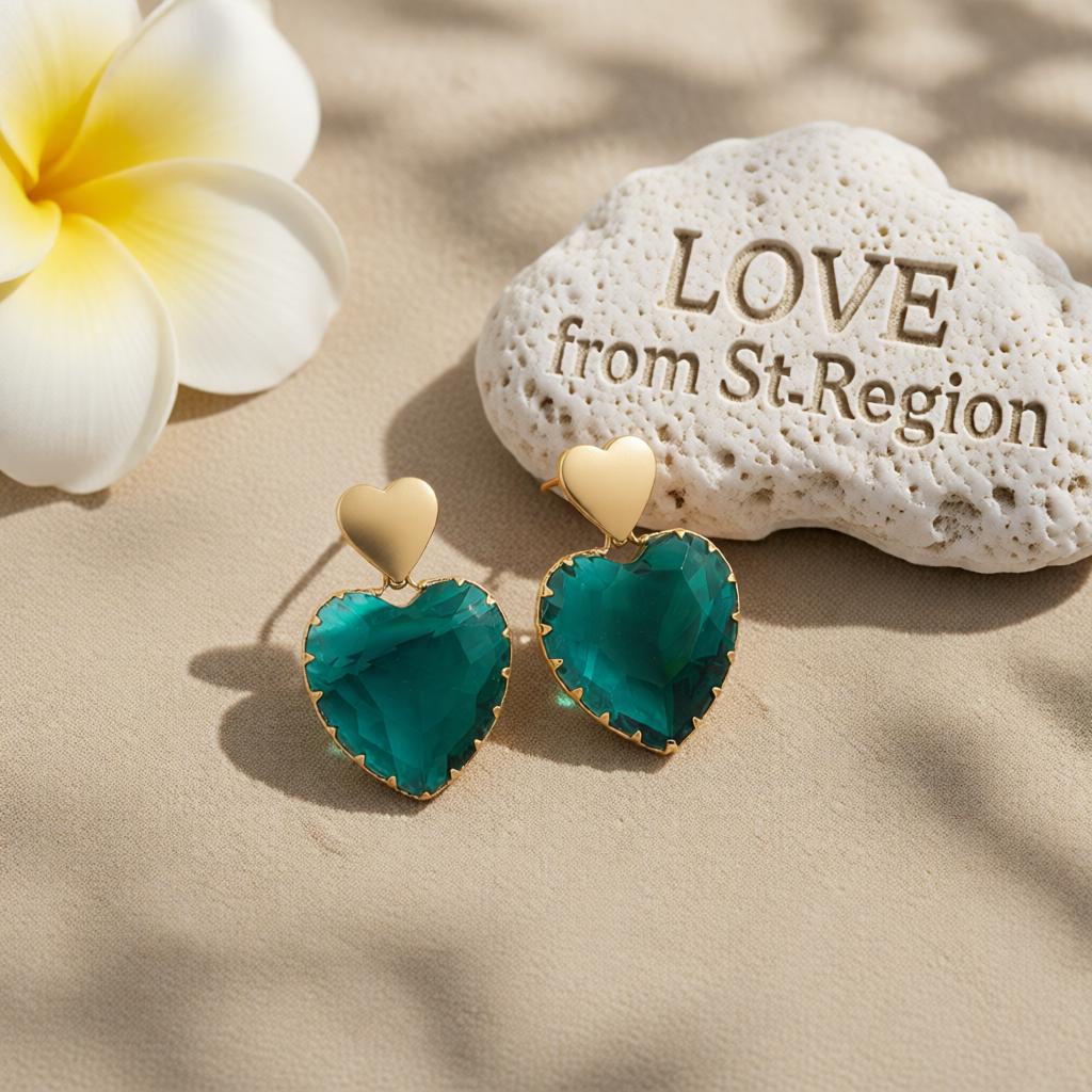Green Crystal and 18K Gold-Plated Heart Drop Earrings, gold drop earrings for women, everyday style, lifestyle look