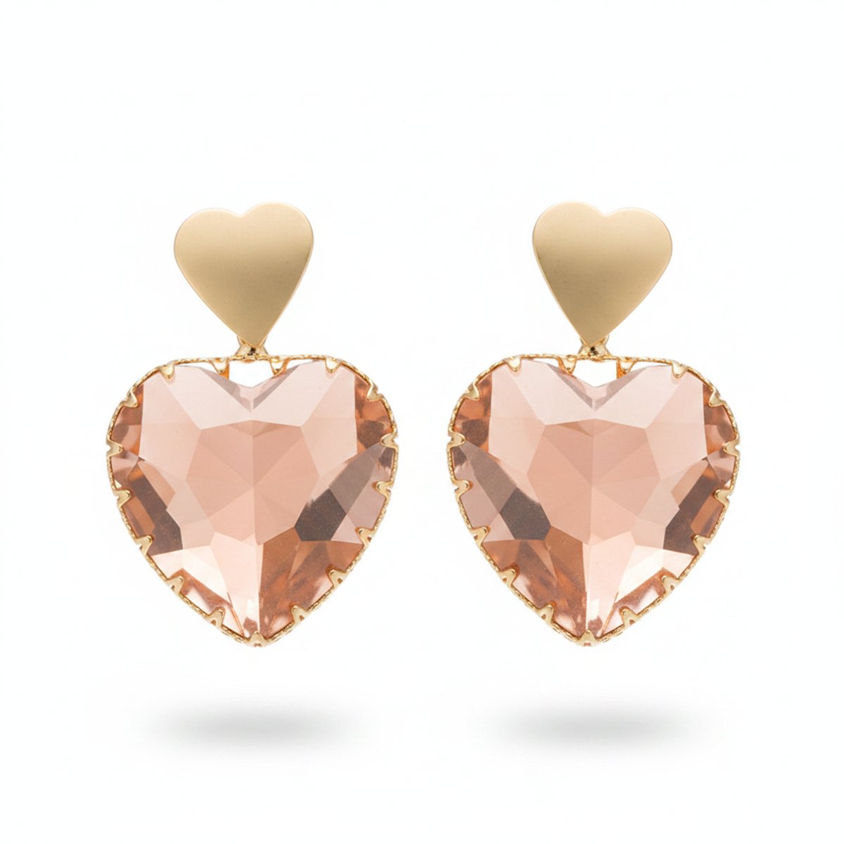 Pink Crystal and 18K Gold-Plated Heart Drop Earrings, gold drop earrings for women, everyday style, side view