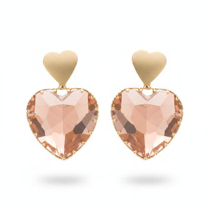 Pink Crystal and 18K Gold-Plated Heart Drop Earrings, gold drop earrings for women, everyday style, side view