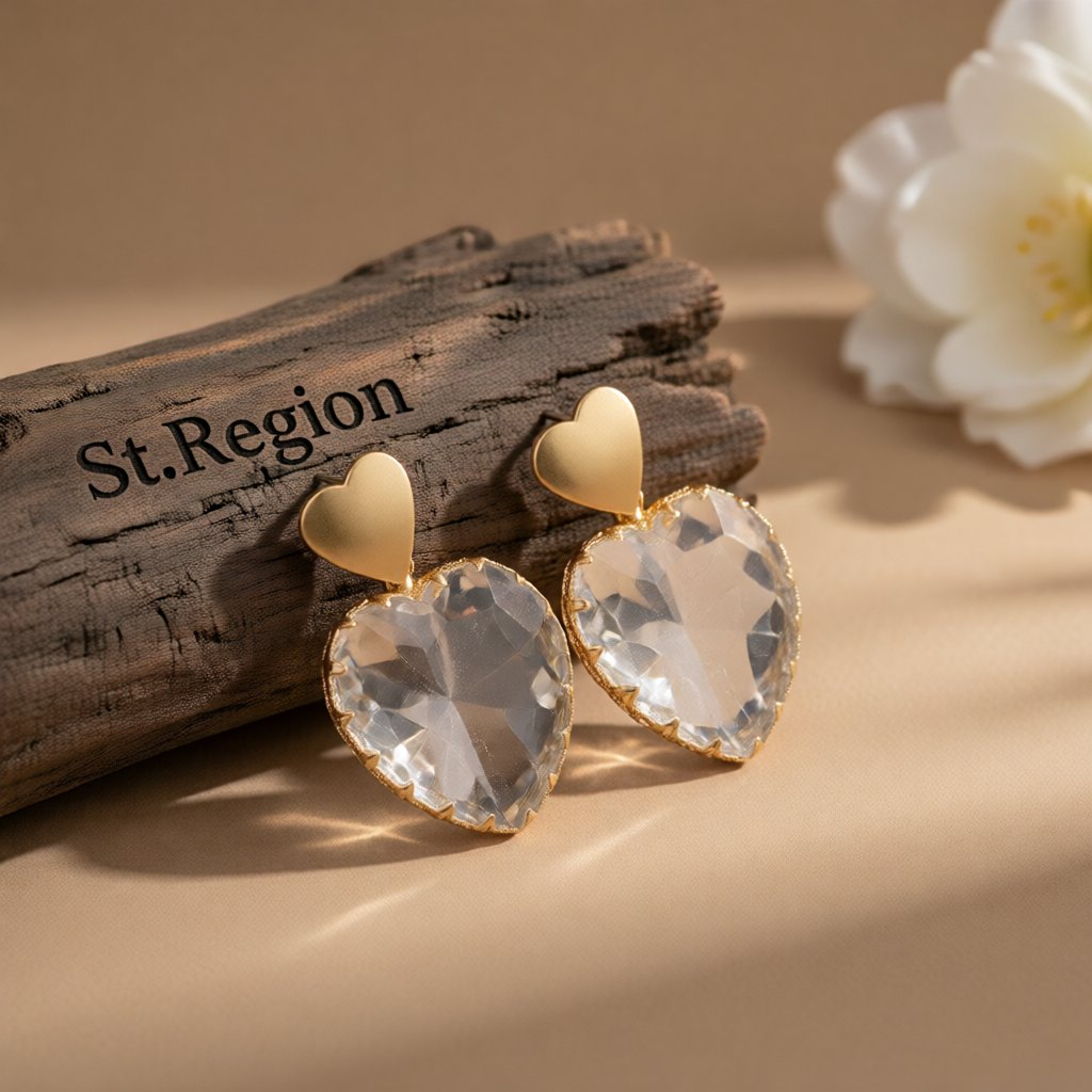 Clear Crystal and 18K Gold-Plated Heart Drop Earrings, gold drop earrings for women, everyday style, front view