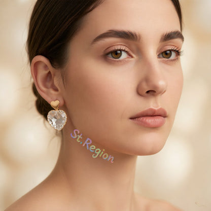 Clear Crystal and 18K Gold-Plated Heart Drop Earrings, gold drop earrings for women, everyday style, styled look