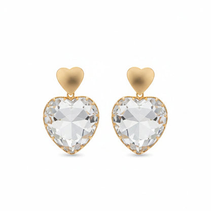 Clear Crystal and 18K Gold-Plated Heart Drop Earrings, gold drop earrings for women, everyday style, side view