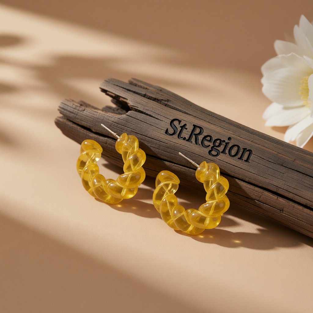 Yellow Twisted C Drop Earrings, huggie earrings, botanical inspired, front view