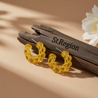 Yellow Twisted C Drop Earrings, huggie earrings, botanical inspired, front view