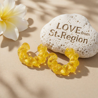 Yellow Twisted C Drop Earrings, huggie earrings, botanical inspired, lifestyle look