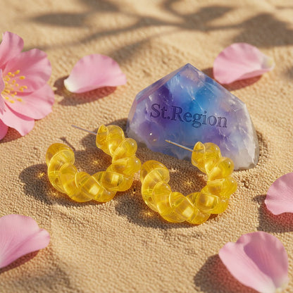 Yellow Twisted C Drop Earrings, huggie earrings, botanical inspired, detail close-up