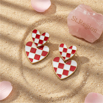 Red and 18K Gold-Plated Checkerboard Heart Drop Earrings, gold drop earrings for women, everyday style, detail close-up