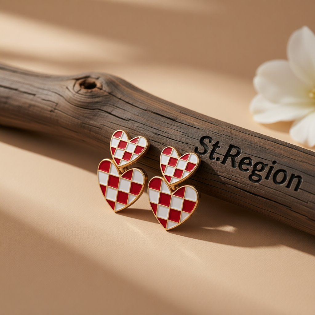Red and 18K Gold-Plated Checkerboard Heart Drop Earrings, gold drop earrings for women, everyday style, front view