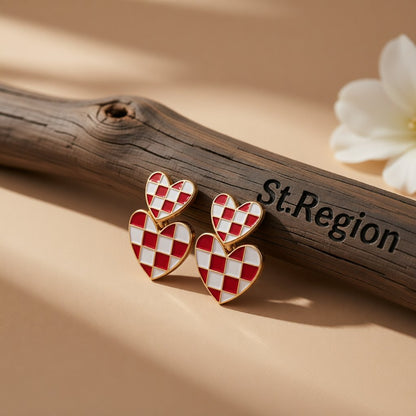 Red and 18K Gold-Plated Checkerboard Heart Drop Earrings, gold drop earrings for women, everyday style, front view