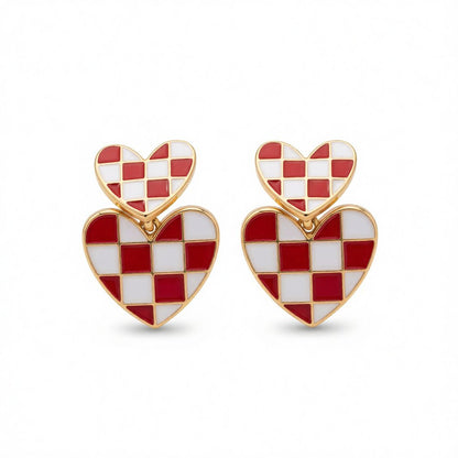 Red and 18K Gold-Plated Checkerboard Heart Drop Earrings, gold drop earrings for women, everyday style, side view