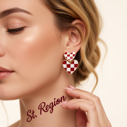 Red and 18K Gold-Plated Checkerboard Heart Drop Earrings, gold drop earrings for women, everyday style, styled look