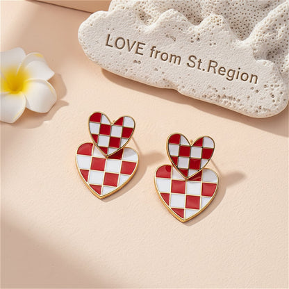 Red and 18K Gold-Plated Checkerboard Heart Drop Earrings, gold drop earrings for women, everyday style, lifestyle look