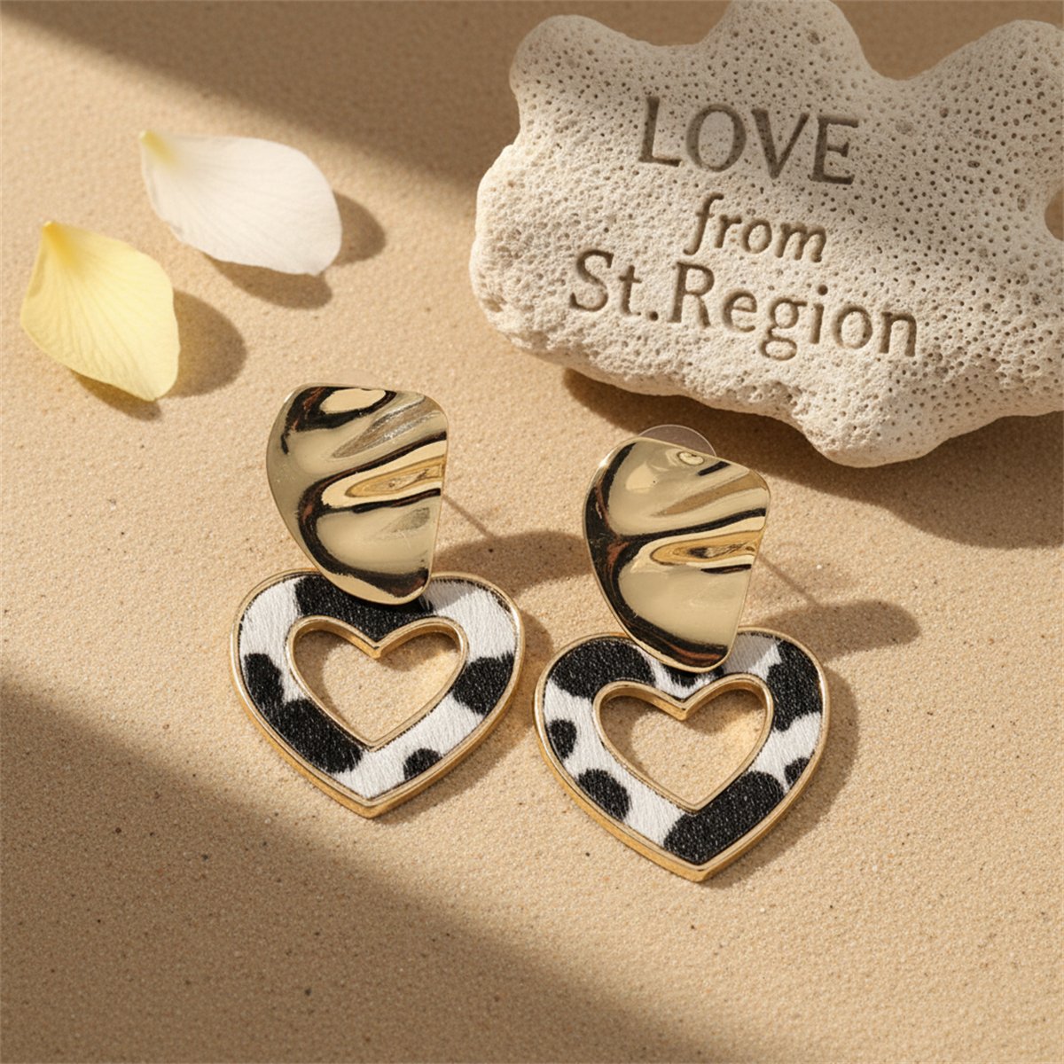 Polystyrene and 18K Gold-Plated Open Heart Cow Print Heart Drop Earrings, gold drop earrings for women, lifestyle look