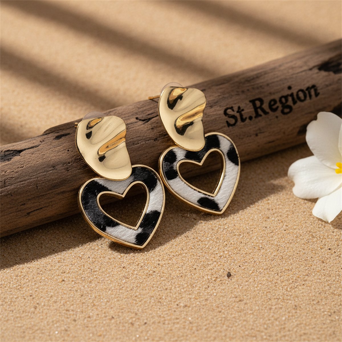 Polystyrene and 18K Gold-Plated Open Heart Cow Print Heart Drop Earrings, gold drop earrings for women, front view
