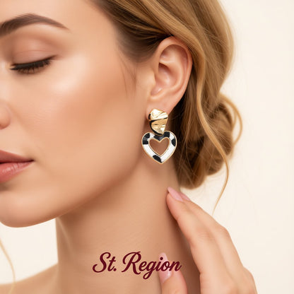 Polystyrene and 18K Gold-Plated Open Heart Cow Print Heart Drop Earrings, gold drop earrings for women, styled look
