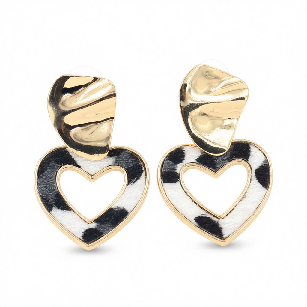 Polystyrene and 18K Gold-Plated Open Heart Cow Print Heart Drop Earrings, gold drop earrings for women, side view