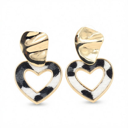Polystyrene and 18K Gold-Plated Open Heart Cow Print Heart Drop Earrings, gold drop earrings for women, side view