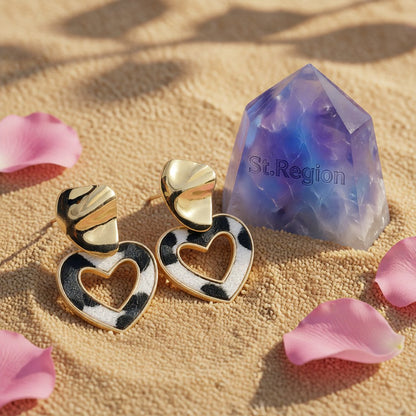 Polystyrene and 18K Gold-Plated Open Heart Cow Print Heart Drop Earrings, gold drop earrings for women, detail close-up