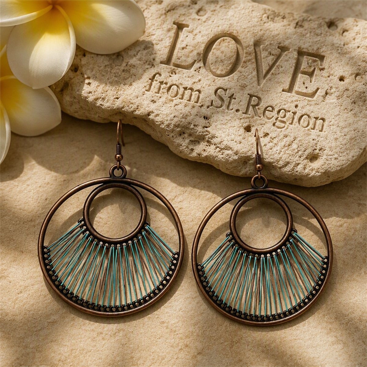 Lake Blue Polyster and 18K Gold-Plated Circle Drop Earrings, gold drop earrings for women, lifestyle look