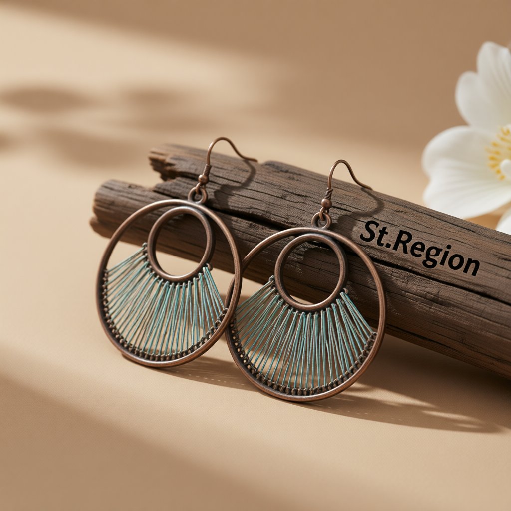 Lake Blue Polyster and 18K Gold-Plated Circle Drop Earrings, gold drop earrings for women, elegant gift for her, front view