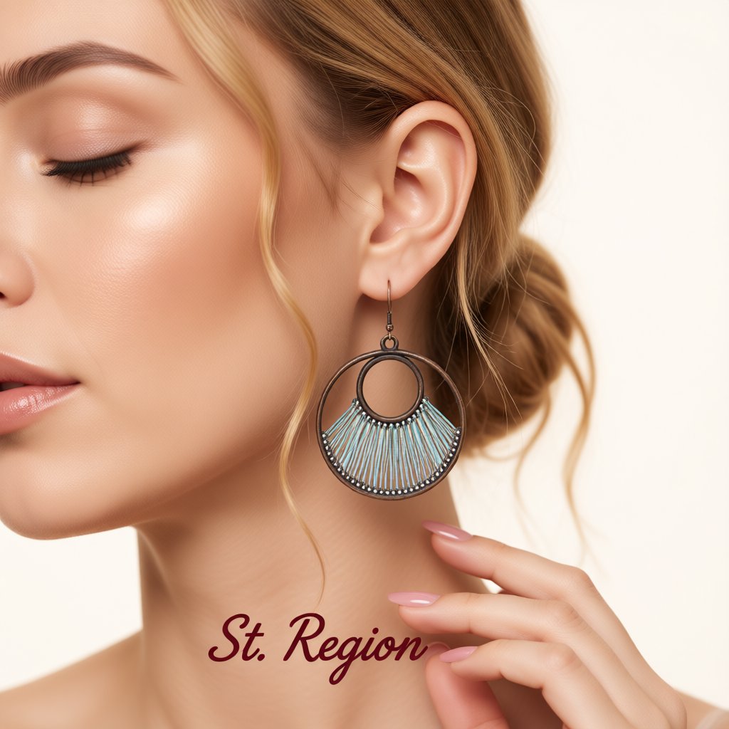 Lake Blue Polyster and 18K Gold-Plated Circle Drop Earrings, gold drop earrings for women, elegant gift for her, styled look