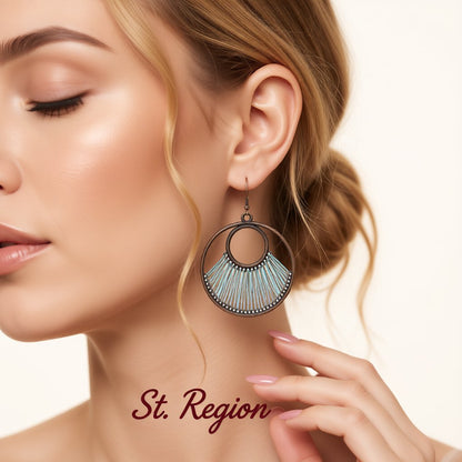 Lake Blue Polyster and 18K Gold-Plated Circle Drop Earrings, gold drop earrings for women, elegant gift for her, styled look
