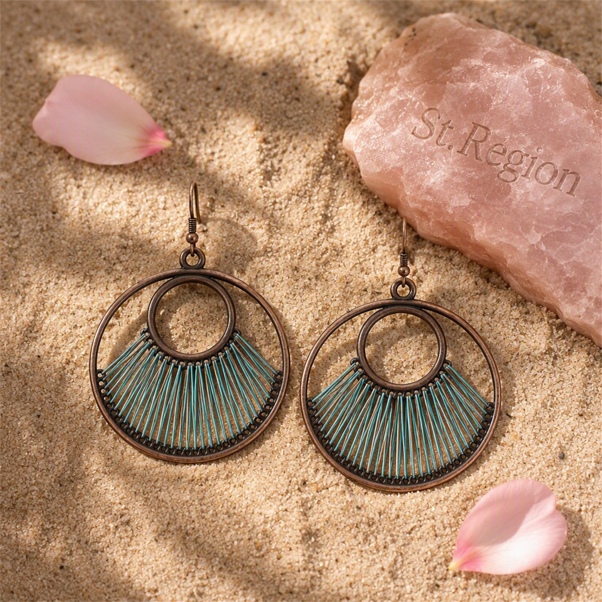 Lake Blue Polyster and 18K Gold-Plated Circle Drop Earrings, gold drop earrings for women, detail close-up