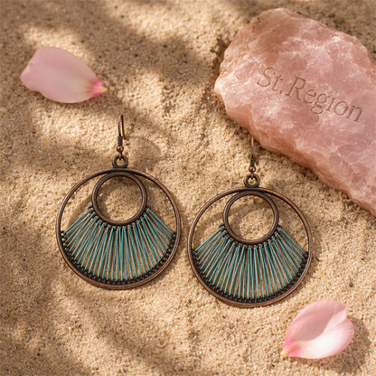 Lake Blue Polyster and 18K Gold-Plated Circle Drop Earrings, gold drop earrings for women, detail close-up