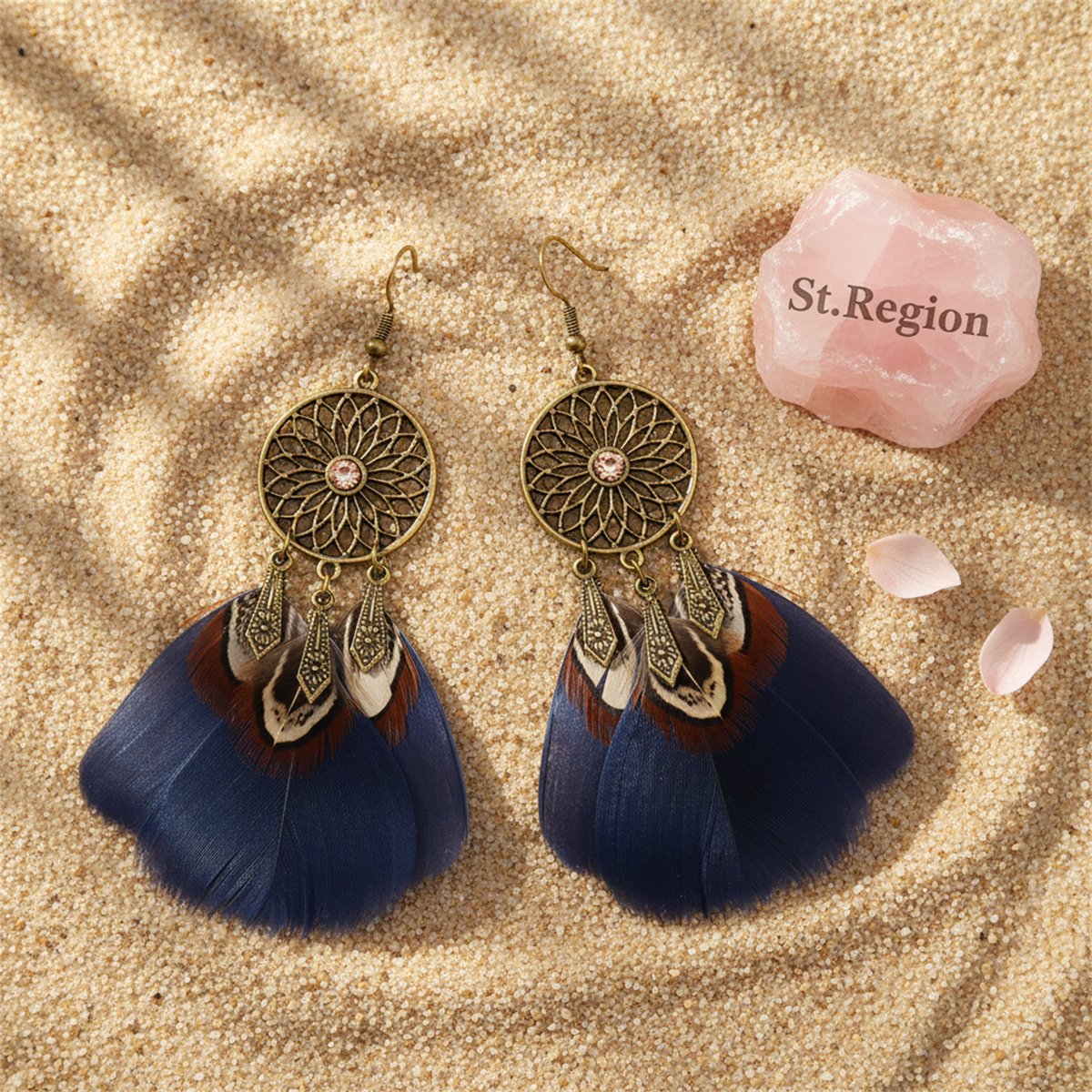 Blue Feather and 18K Gold-Plated Cubic Zirconia-Accent Flower Drop Earrings, gold drop earrings for women, detail close-up