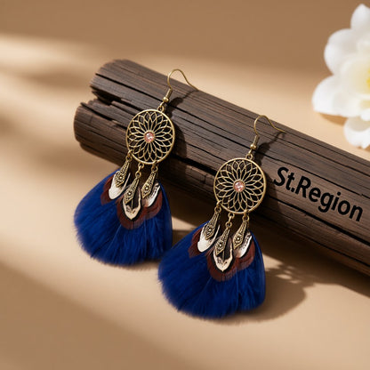 Blue Feather and 18K Gold-Plated Cubic Zirconia-Accent Flower Drop Earrings, gold drop earrings for women, front view