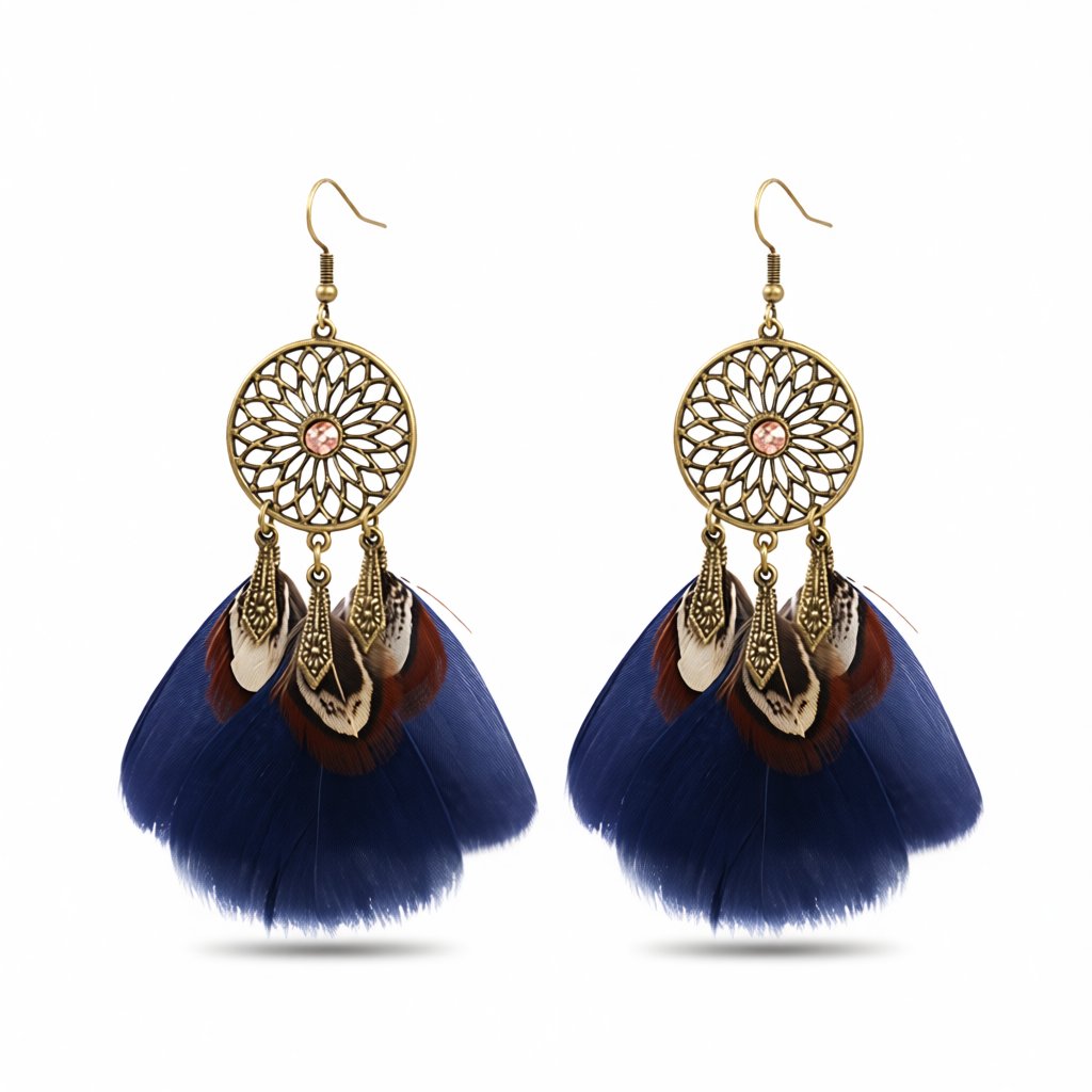 Blue Feather and 18K Gold-Plated Cubic Zirconia-Accent Flower Drop Earrings, gold drop earrings for women, side view