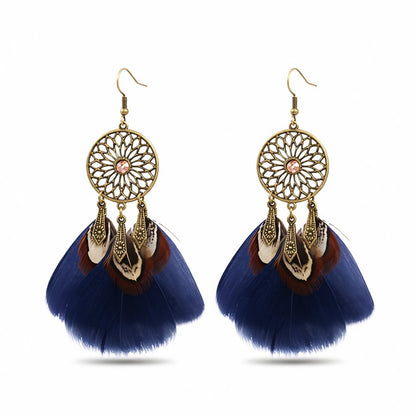 Blue Feather and 18K Gold-Plated Cubic Zirconia-Accent Flower Drop Earrings, gold drop earrings for women, side view