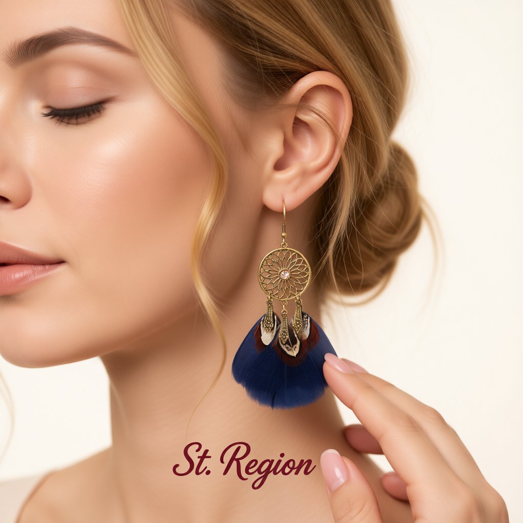 Blue Feather and 18K Gold-Plated Cubic Zirconia-Accent Flower Drop Earrings, gold drop earrings for women, styled look