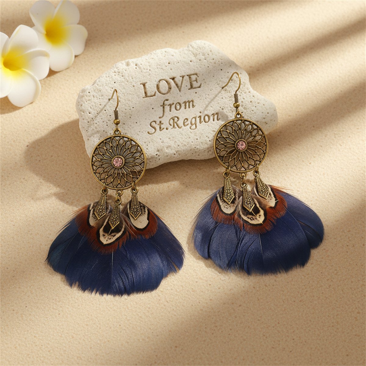 Blue Feather and 18K Gold-Plated Cubic Zirconia-Accent Flower Drop Earrings, gold drop earrings for women, lifestyle look