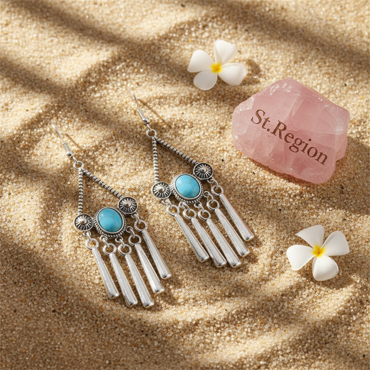 Turquoise and Silver-Plated Triangle Tassel Drop Earrings, silver drop earrings for women, detail close-up