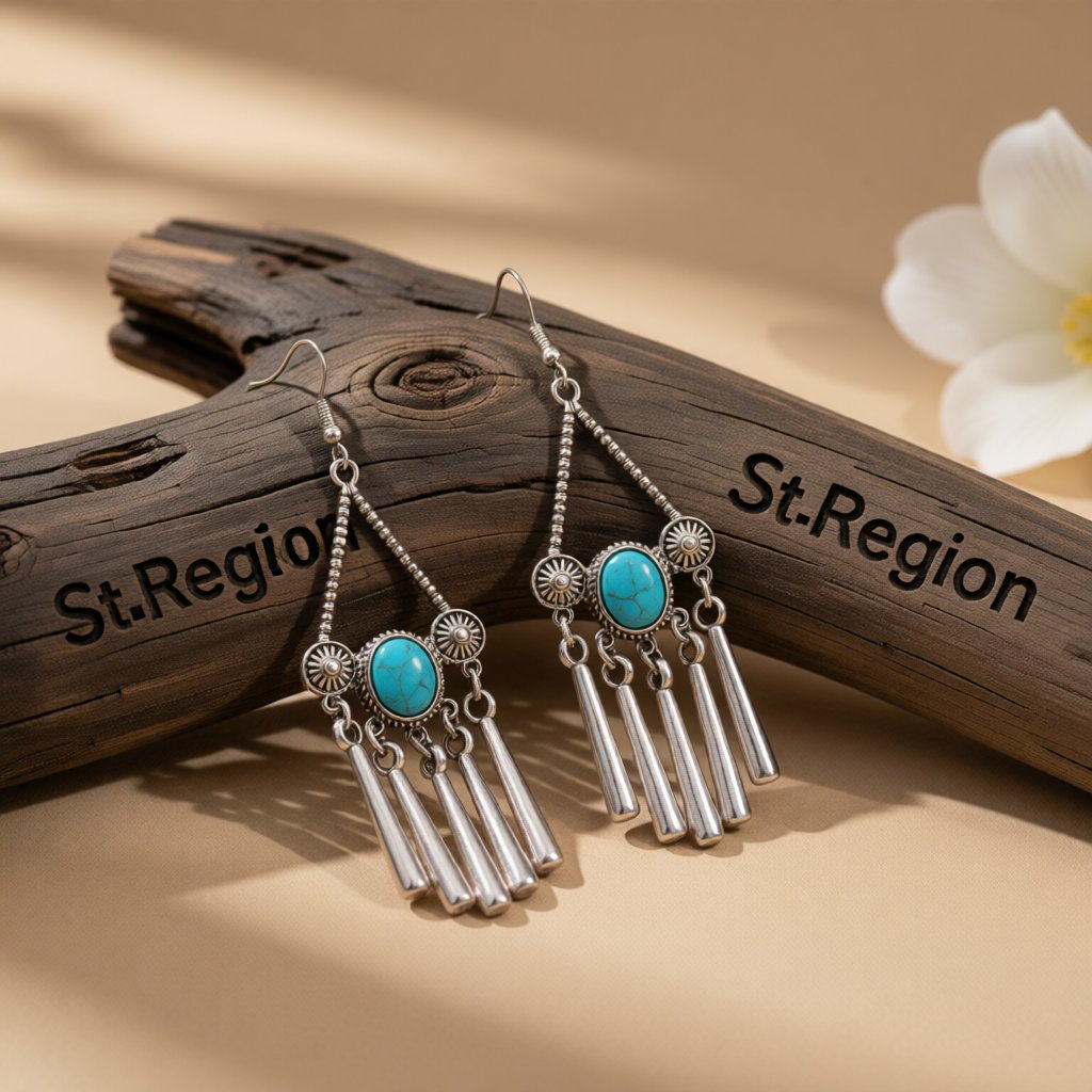 Turquoise and Silver-Plated Triangle Tassel Drop Earrings, silver drop earrings for women, botanical inspired, front view