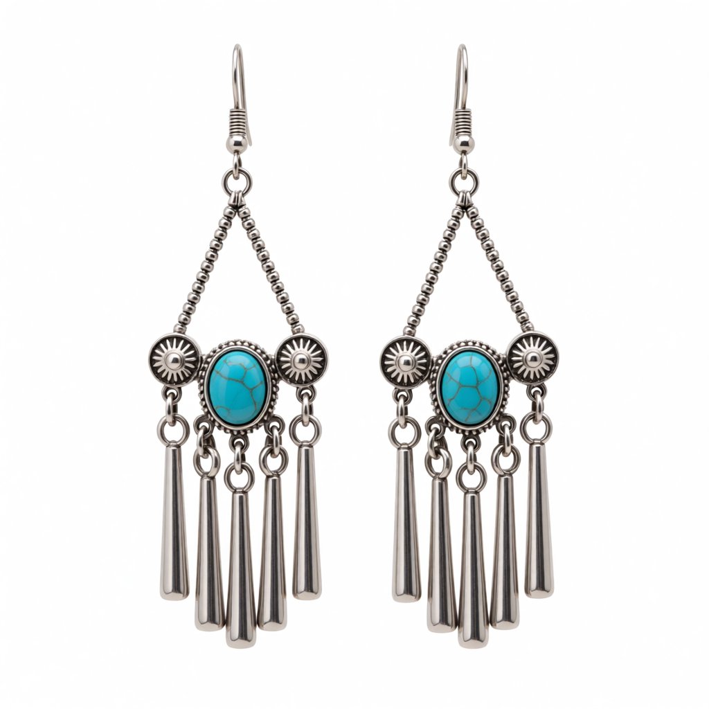 Turquoise and Silver-Plated Triangle Tassel Drop Earrings, silver drop earrings for women, botanical inspired, side view
