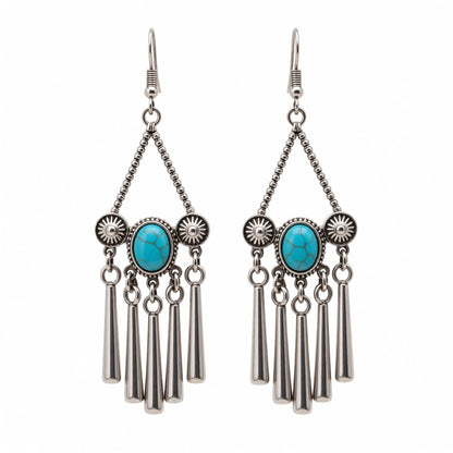 Turquoise and Silver-Plated Triangle Tassel Drop Earrings, silver drop earrings for women, botanical inspired, side view