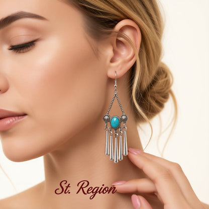 Turquoise and Silver-Plated Triangle Tassel Drop Earrings, silver drop earrings for women, botanical inspired, styled look