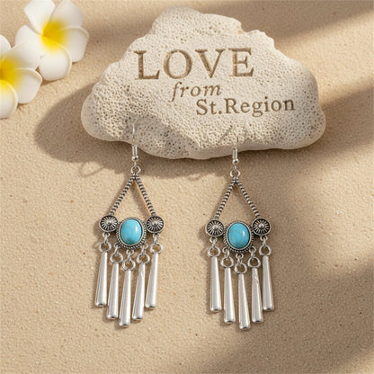 Turquoise and Silver-Plated Triangle Tassel Drop Earrings, silver drop earrings for women, botanical inspired, lifestyle look