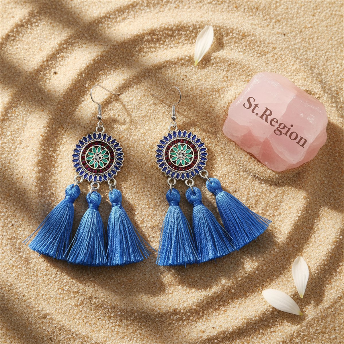 Blue and Cubic Zirconia Sunflower Tassel Drop Earrings, drop earrings for women, vintage-inspired design, detail close-up