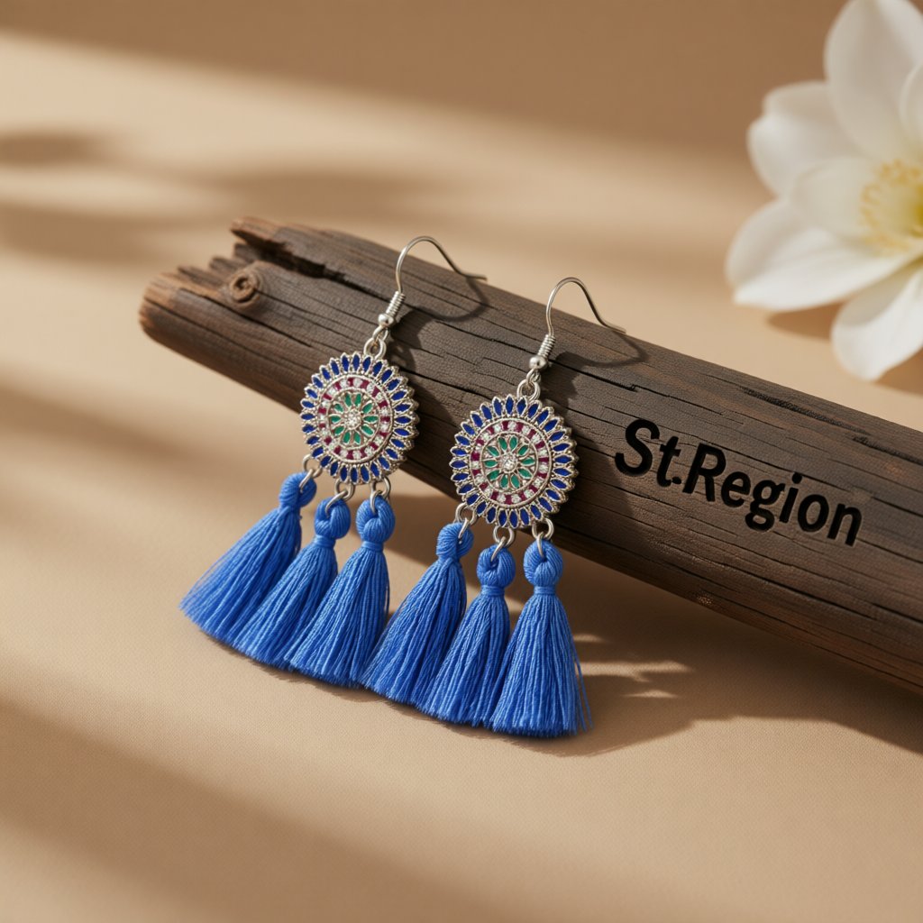 Blue and Cubic Zirconia Sunflower Tassel Drop Earrings, drop earrings for women, vintage-inspired design, front view