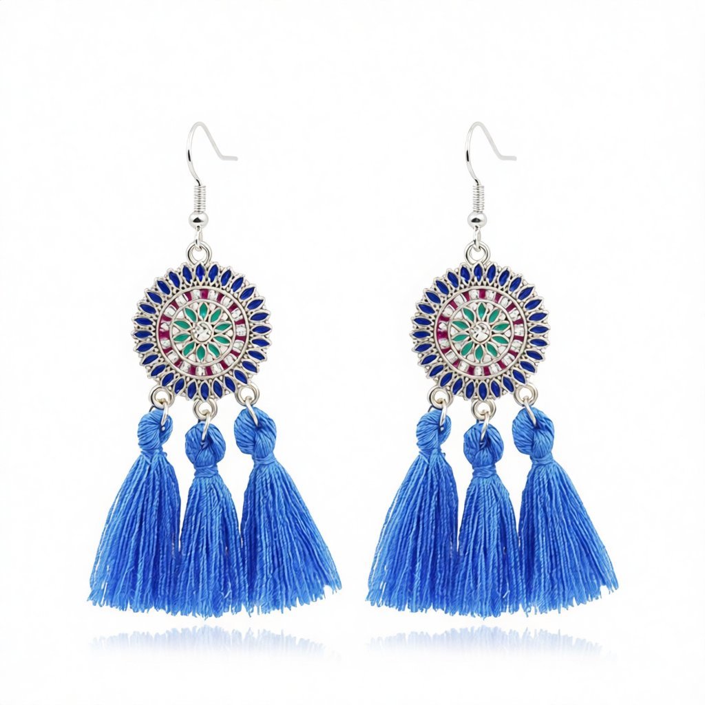 Blue and Cubic Zirconia Sunflower Tassel Drop Earrings, drop earrings for women, vintage-inspired design, side view